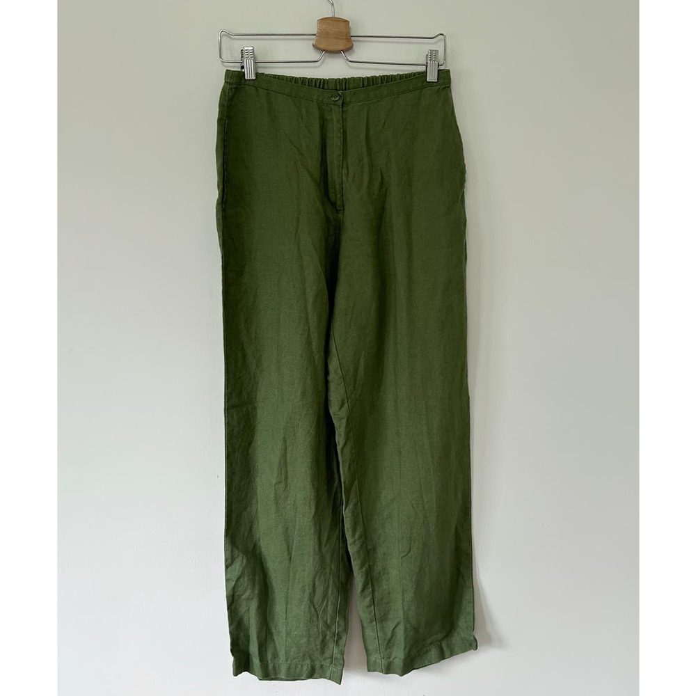 L.L. Bean 100% Linen Green Pull-On Wide Leg Pants 8